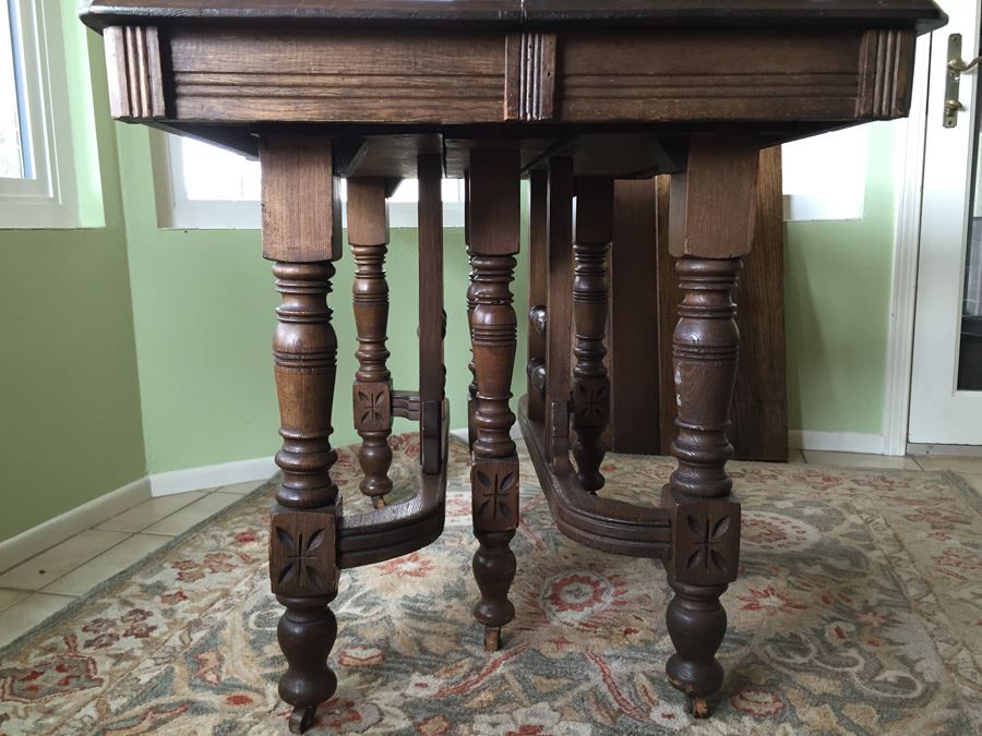 Antique Oak Dining Table With Four Leaves And Two Cane Chairs [Photo 30]