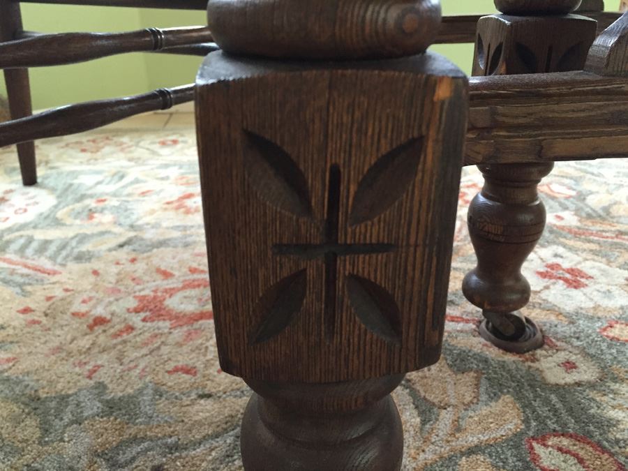Antique Oak Dining Table With Four Leaves And Two Cane Chairs [Photo 6]