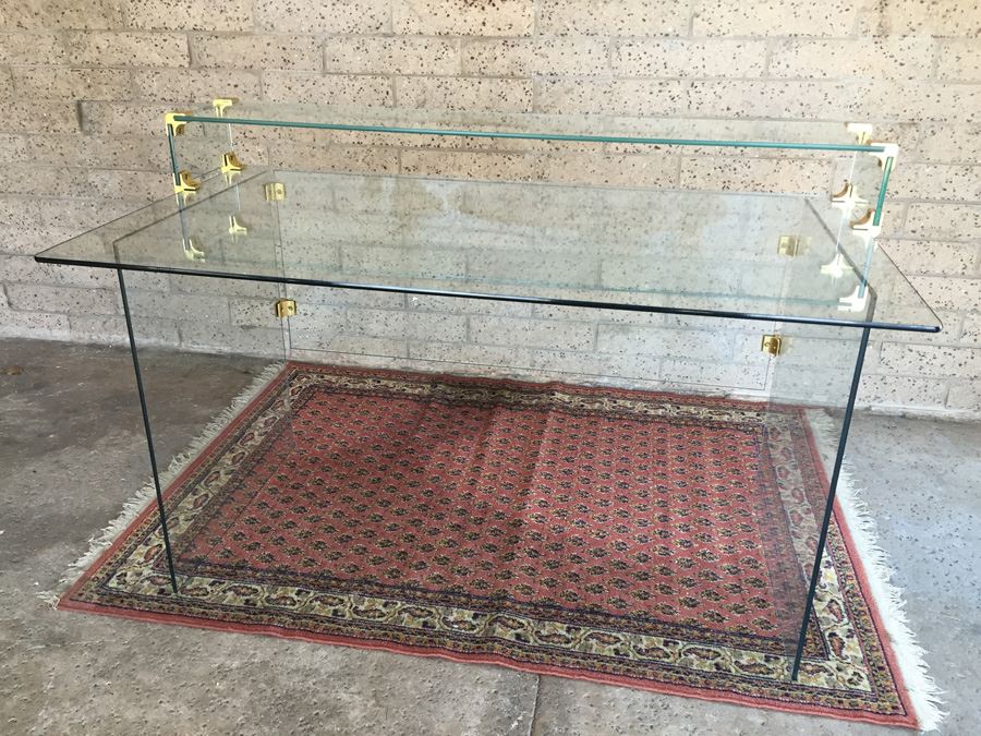 Clean Modern Glass Desk With Brass Accents Probably Pace Furniture Leon Rosen [Photo 4]