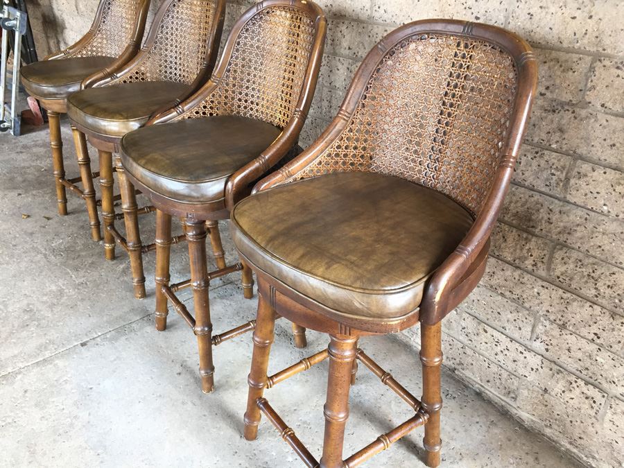 Hollywood Regency Faux Bamboo Cane Back Barstools Swivel [Photo 5]
