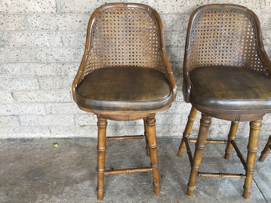 Hollywood Regency Faux Bamboo Cane Back Barstools Swivel [Photo 6]