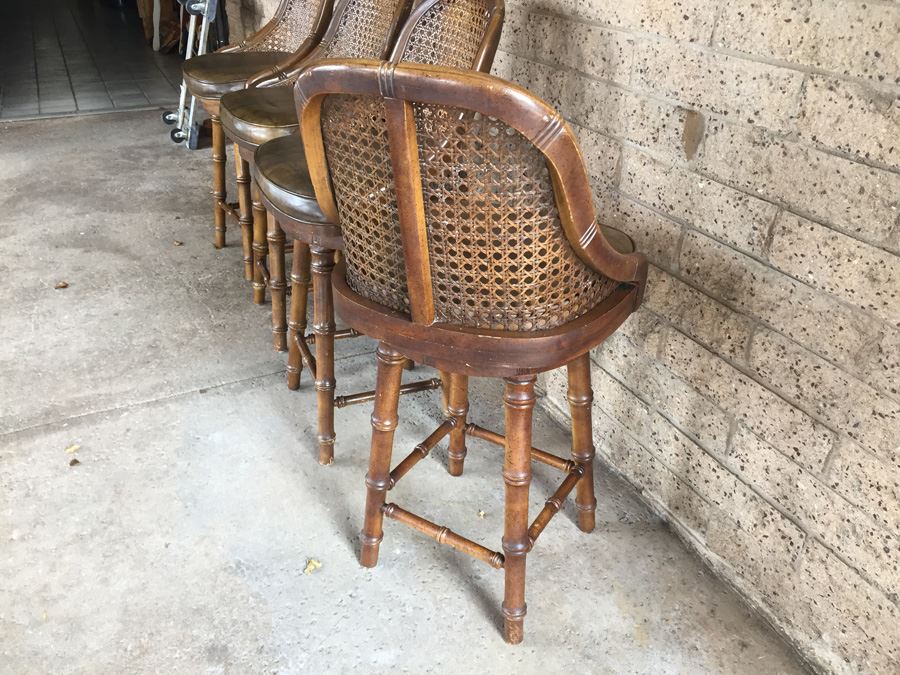 Hollywood Regency Faux Bamboo Cane Back Barstools Swivel [Photo 13]