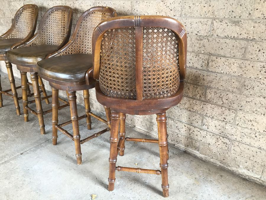 Hollywood Regency Faux Bamboo Cane Back Barstools Swivel [Photo 3]