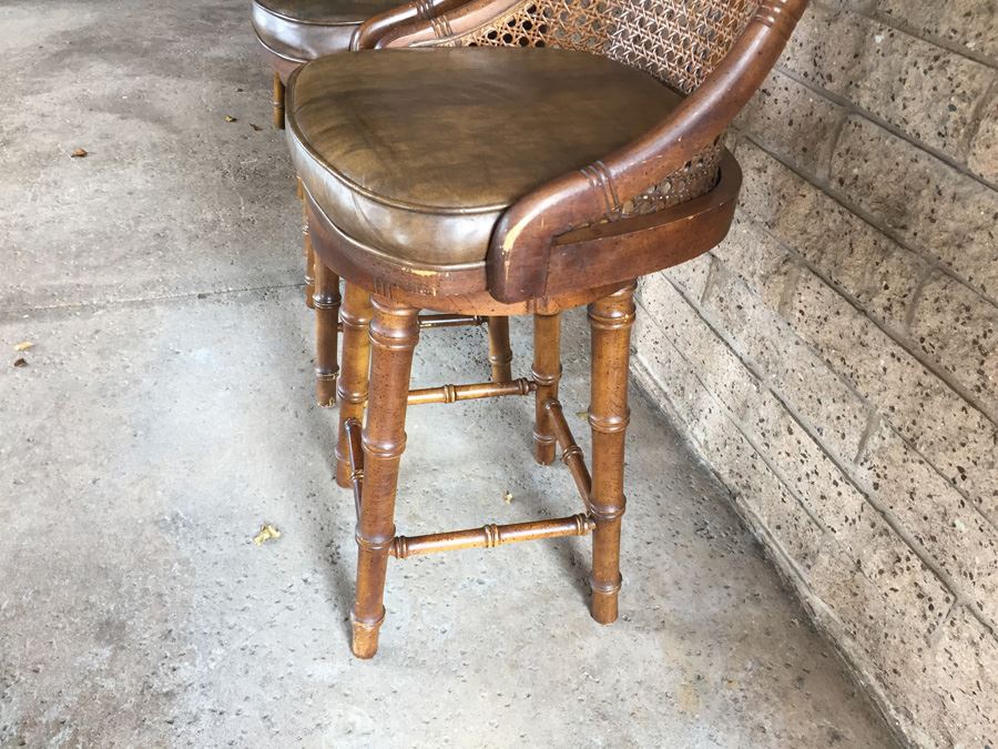Hollywood Regency Faux Bamboo Cane Back Barstools Swivel [Photo 8]