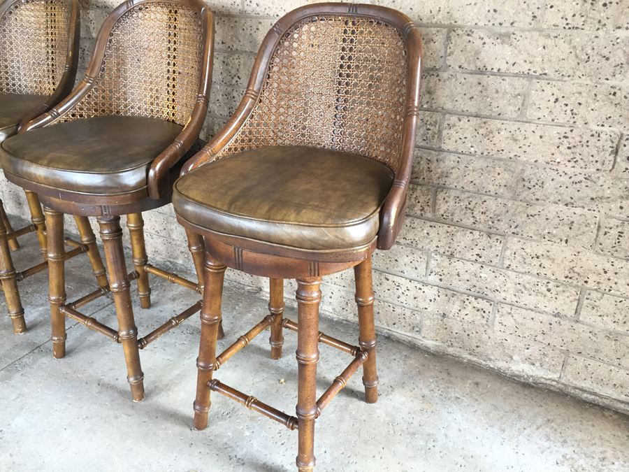 Hollywood Regency Faux Bamboo Cane Back Barstools Swivel [Photo 12]