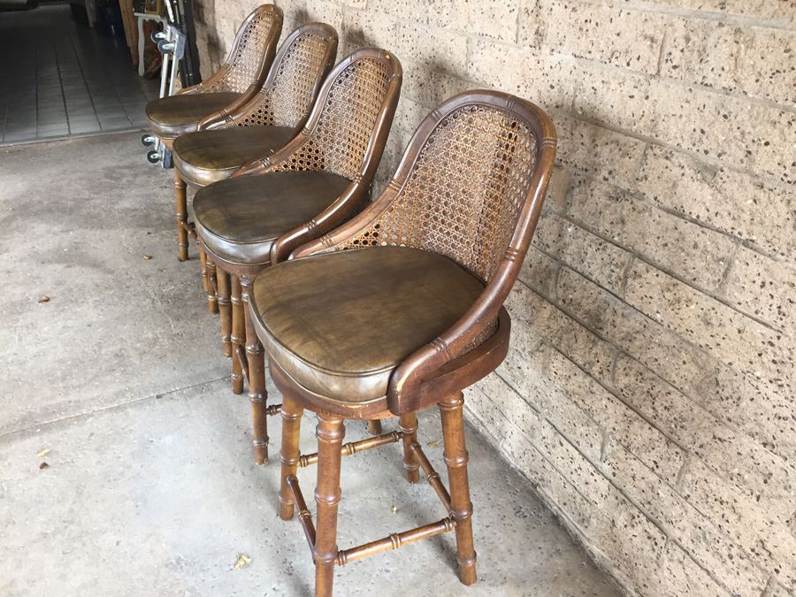 Hollywood Regency Faux Bamboo Cane Back Barstools Swivel [Photo 10]