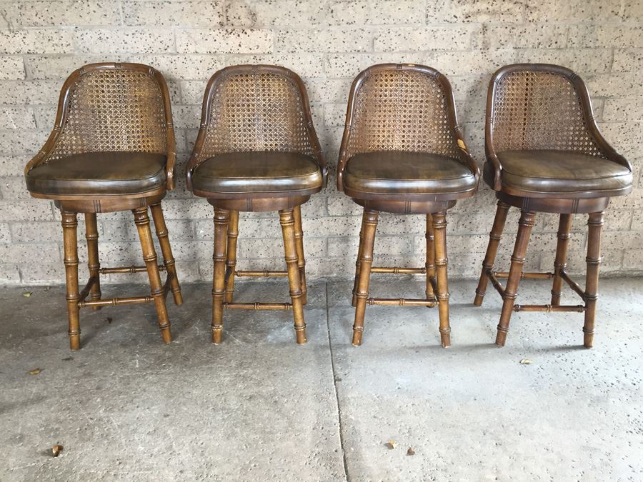 Hollywood Regency Faux Bamboo Cane Back Barstools Swivel [Photo 1]