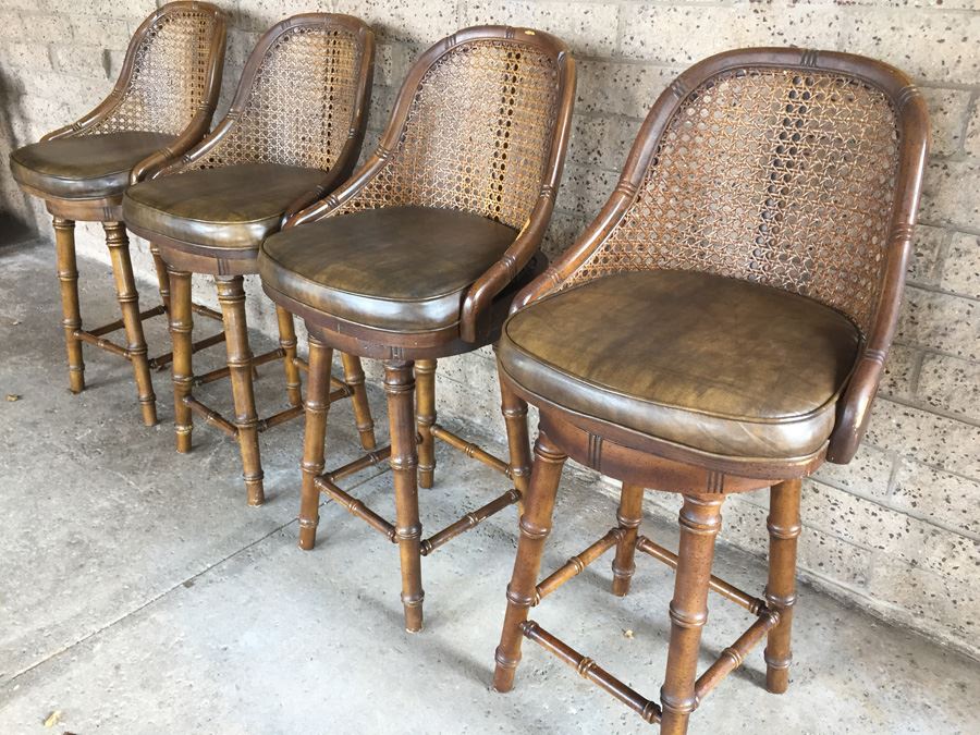 Hollywood Regency Faux Bamboo Cane Back Barstools Swivel [Photo 11]