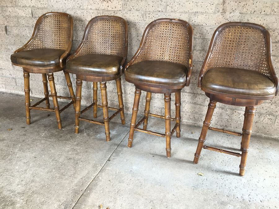 Hollywood Regency Faux Bamboo Cane Back Barstools Swivel [Photo 4]