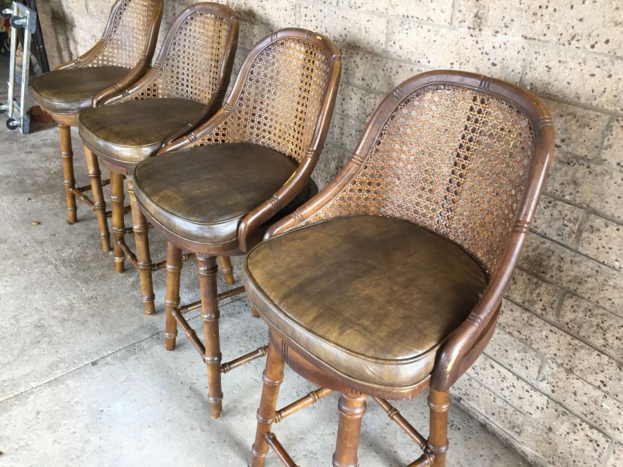 Hollywood Regency Faux Bamboo Cane Back Barstools Swivel [Photo 9]