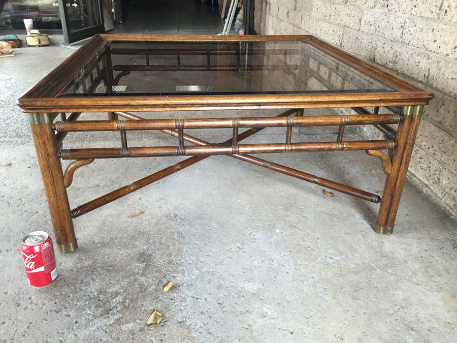 Hollywood Regency Faux Bamboo Coffee Table With Glass Top And Brass Accents [Photo 5]