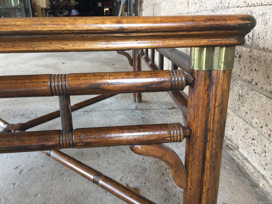 Hollywood Regency Faux Bamboo Coffee Table With Glass Top And Brass Accents [Photo 8]