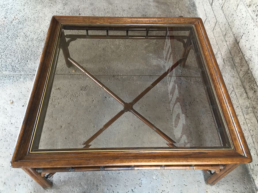 Hollywood Regency Faux Bamboo Coffee Table With Glass Top And Brass Accents [Photo 7]