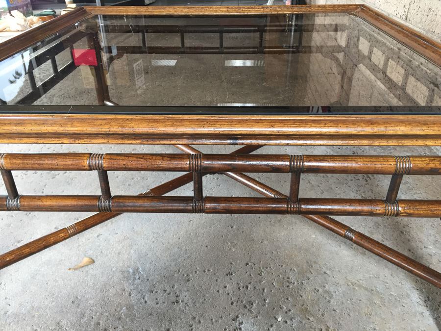 Hollywood Regency Faux Bamboo Coffee Table With Glass Top And Brass Accents [Photo 10]