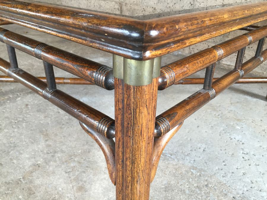 Hollywood Regency Faux Bamboo Coffee Table With Glass Top And Brass Accents [Photo 3]
