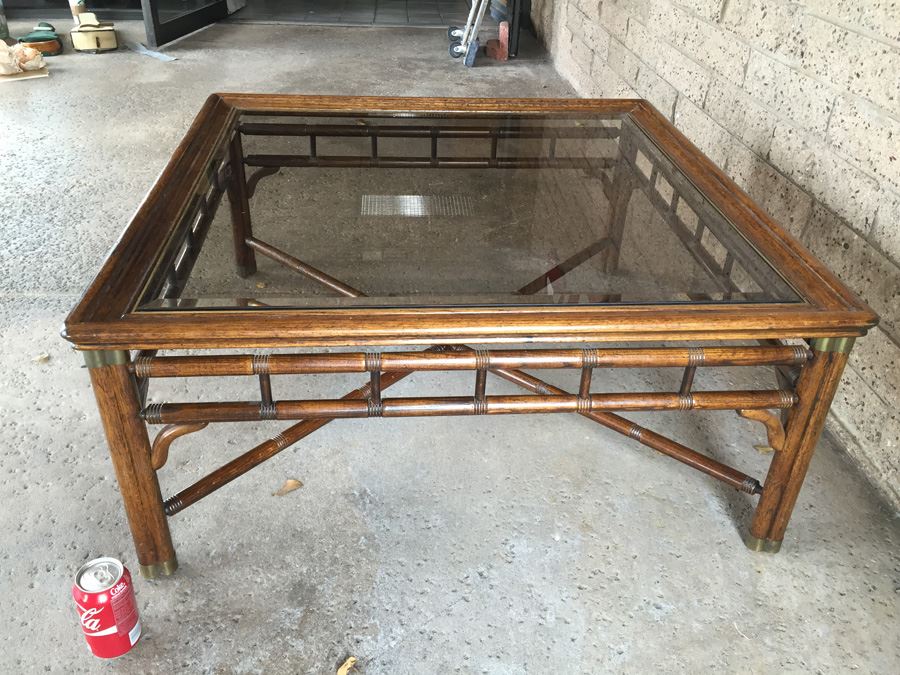 Hollywood Regency Faux Bamboo Coffee Table With Glass Top And Brass Accents [Photo 6]
