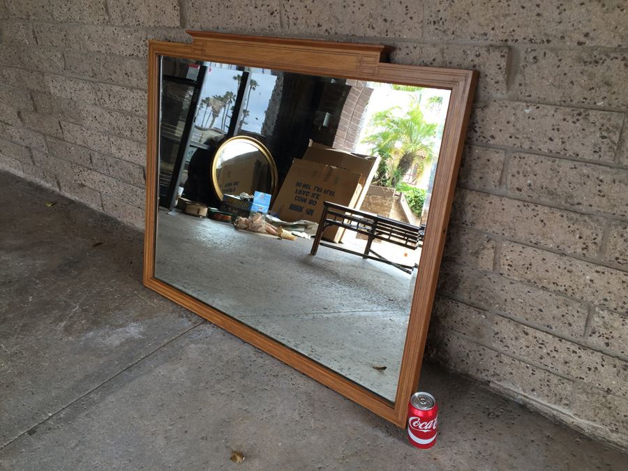 Vintage Large Beveled Glass Mirror With Beautiful Inlaid Wood