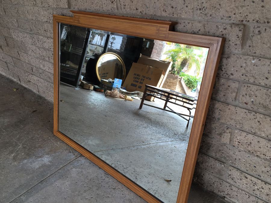 Vintage Large Beveled Glass Mirror With Beautiful Inlaid Wood [Photo 5]