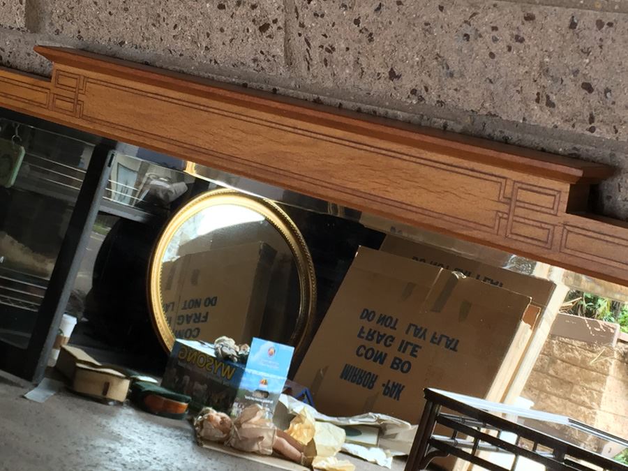 Vintage Large Beveled Glass Mirror With Beautiful Inlaid Wood [Photo 7]