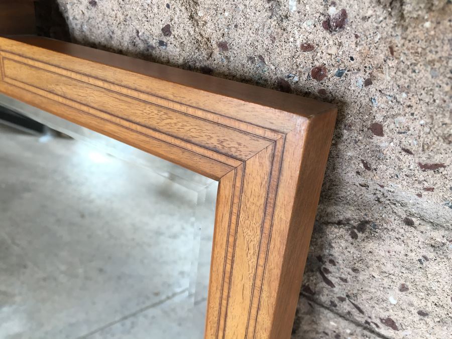 Vintage Large Beveled Glass Mirror With Beautiful Inlaid Wood [Photo 8]