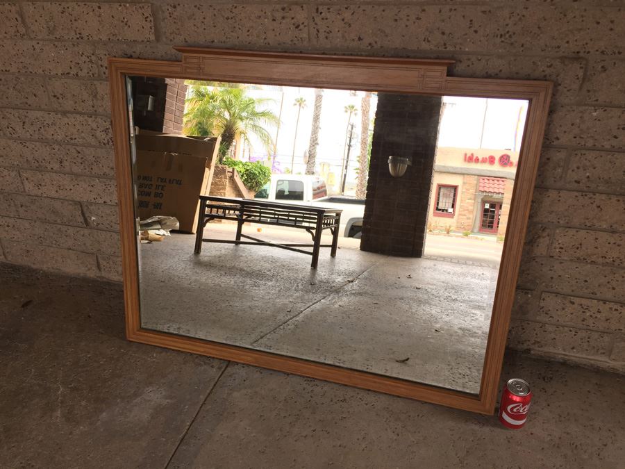 Vintage Large Beveled Glass Mirror With Beautiful Inlaid Wood [Photo 1]