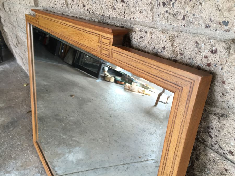 Vintage Large Beveled Glass Mirror With Beautiful Inlaid Wood [Photo 2]