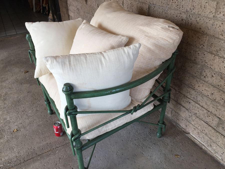 Large Wrought Iron Arm Chair With Rope And Knot Patterns And White Cushions [Photo 17]