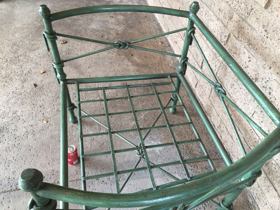 Large Wrought Iron Arm Chair With Rope And Knot Patterns And White Cushions [Photo 6]