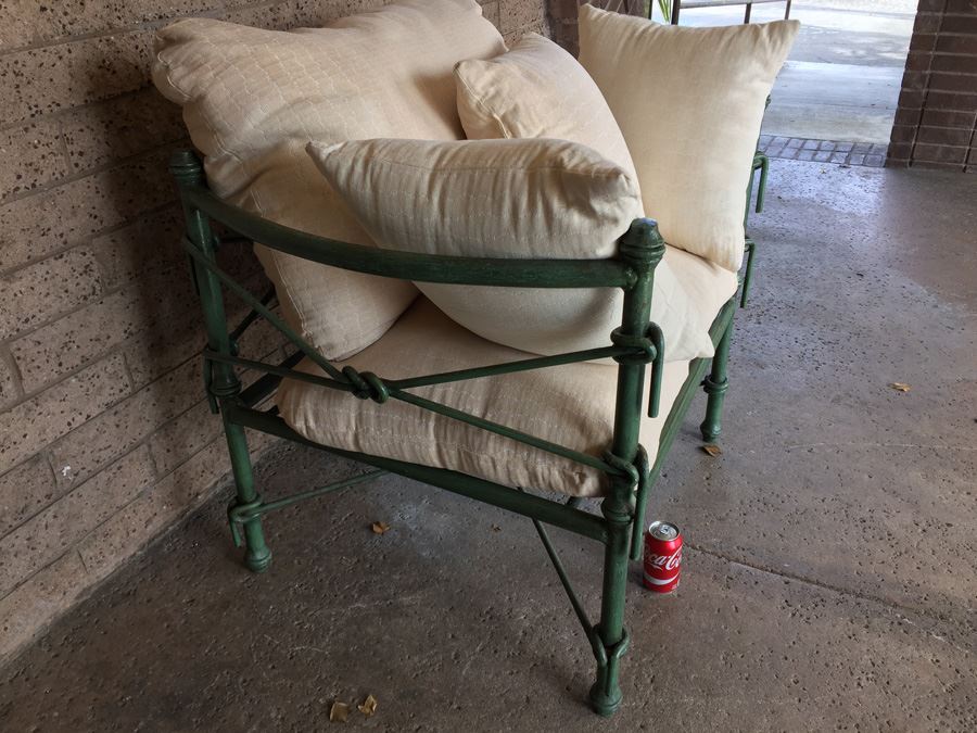 Large Wrought Iron Arm Chair With Rope And Knot Patterns And White Cushions [Photo 18]