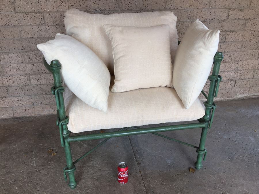 Large Wrought Iron Arm Chair With Rope And Knot Patterns And White Cushions [Photo 3]