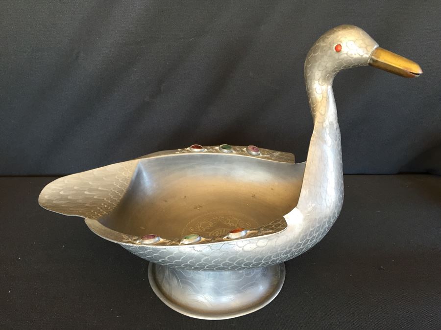 Exquisite Chinese Pewter Duck With Beautiful Gemstone Detail [Photo 1]