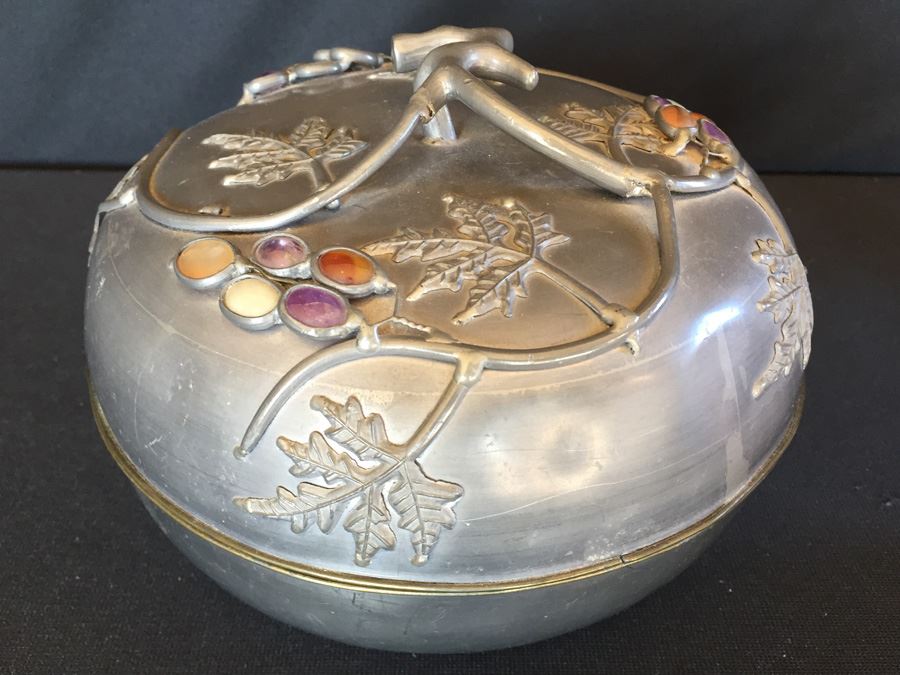Japanese Pewter Serving Dish With Lid And Gemstone Accents [Photo 1]