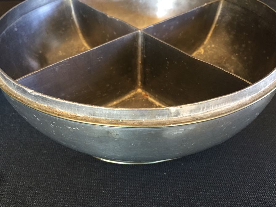 Japanese Pewter Serving Dish With Lid And Gemstone Accents