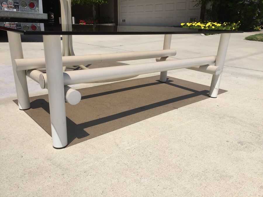 Vintage White Metal And Smoky Glass Table And Coffee Table Set [Photo 4]