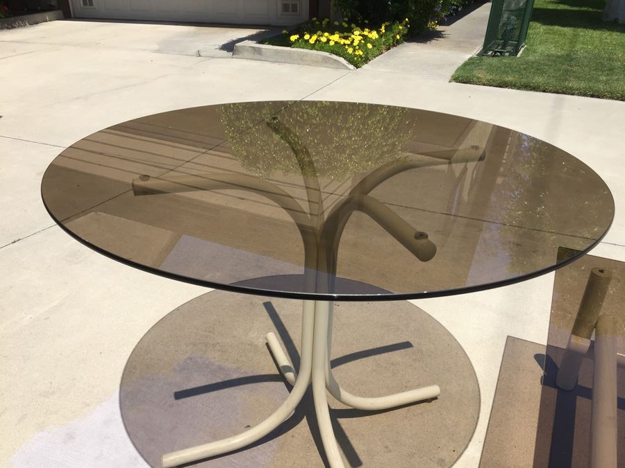 Vintage White Metal And Smoky Glass Table And Coffee Table Set [Photo 7]