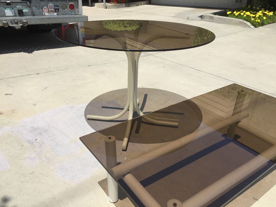 Vintage White Metal And Smoky Glass Table And Coffee Table Set [Photo 3]