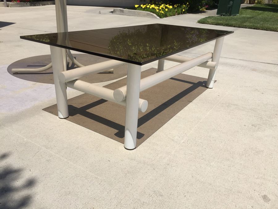 Vintage White Metal And Smoky Glass Table And Coffee Table Set [Photo 2]