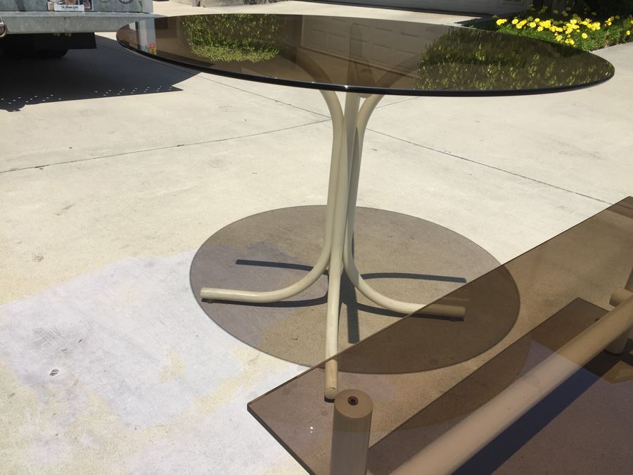 Vintage White Metal And Smoky Glass Table And Coffee Table Set [Photo 6]