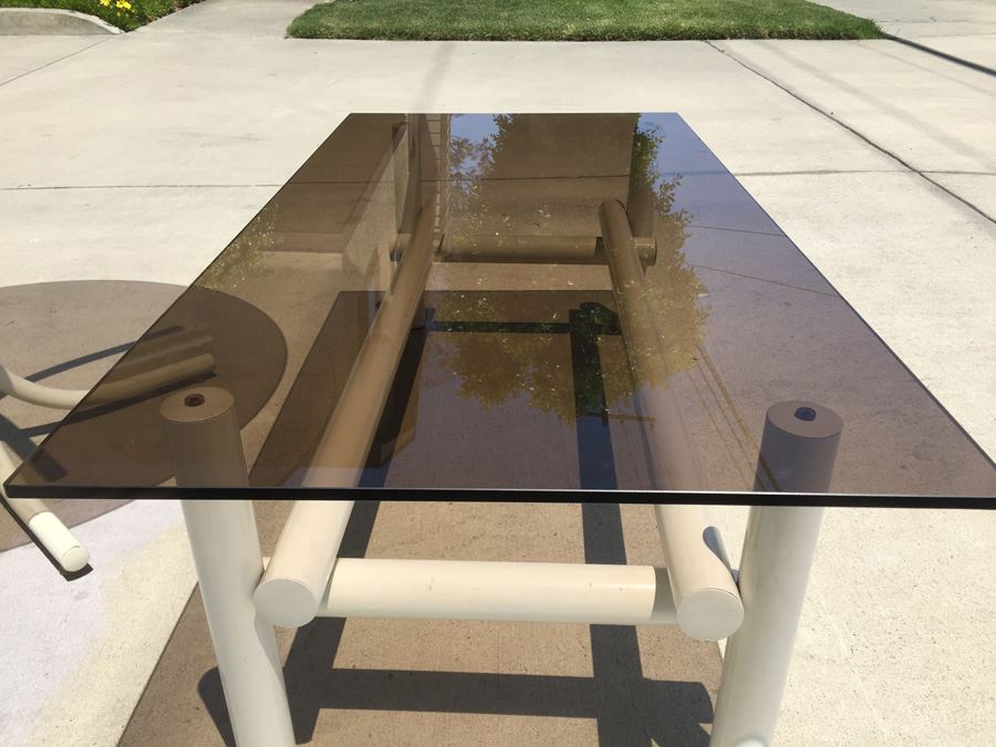 Vintage White Metal And Smoky Glass Table And Coffee Table Set [Photo 11]