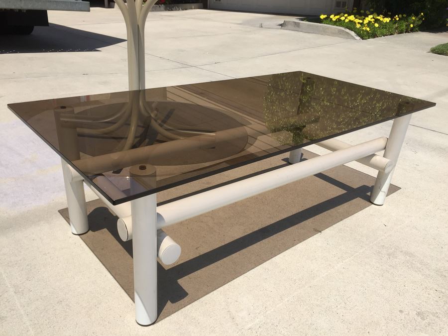 Vintage White Metal And Smoky Glass Table And Coffee Table Set [Photo 5]