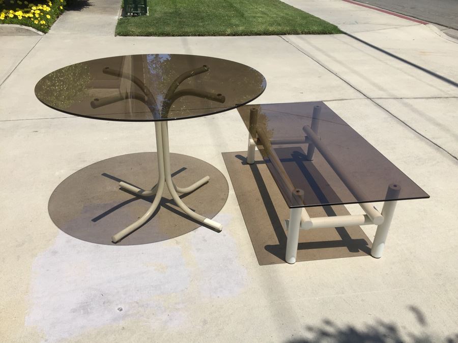 Vintage White Metal And Smoky Glass Table And Coffee Table Set [Photo 12]