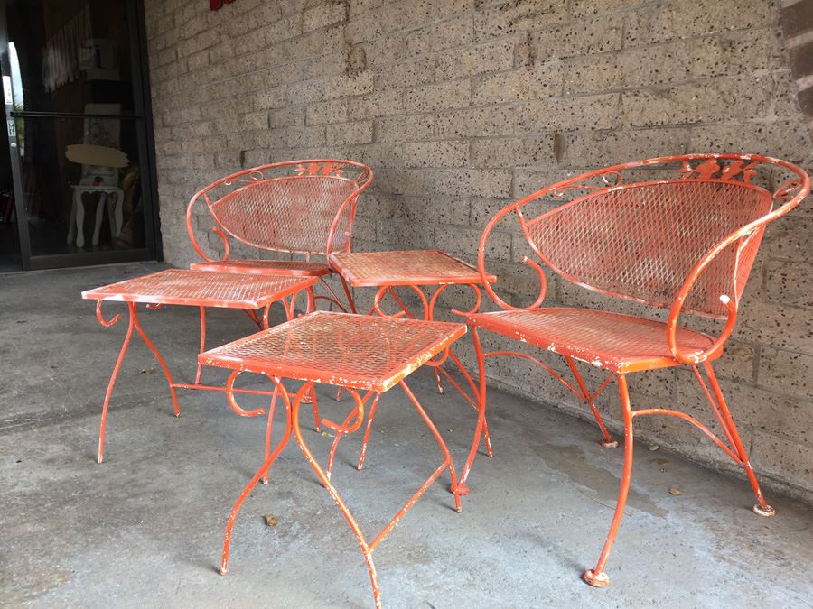 Vintage Orange Wrought Iron Outdoor Patio Chairs With Nesting Tables [Photo 2]