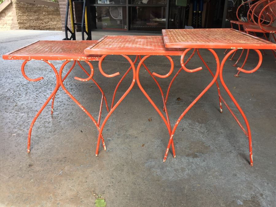 Vintage Orange Wrought Iron Outdoor Patio Chairs With Nesting Tables [Photo 10]