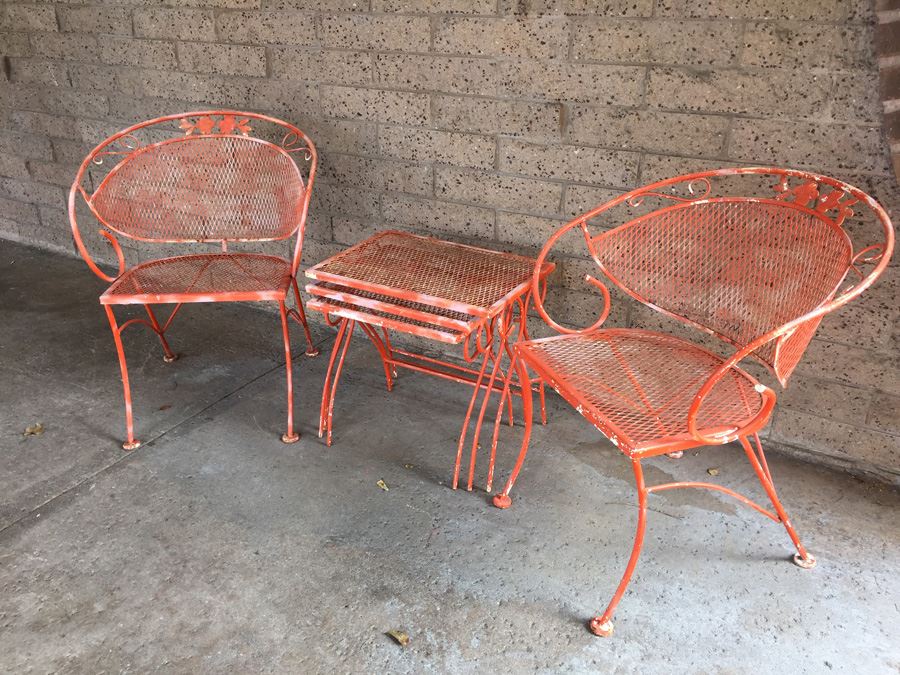 Vintage Orange Wrought Iron Outdoor Patio Chairs With Nesting Tables [Photo 1]