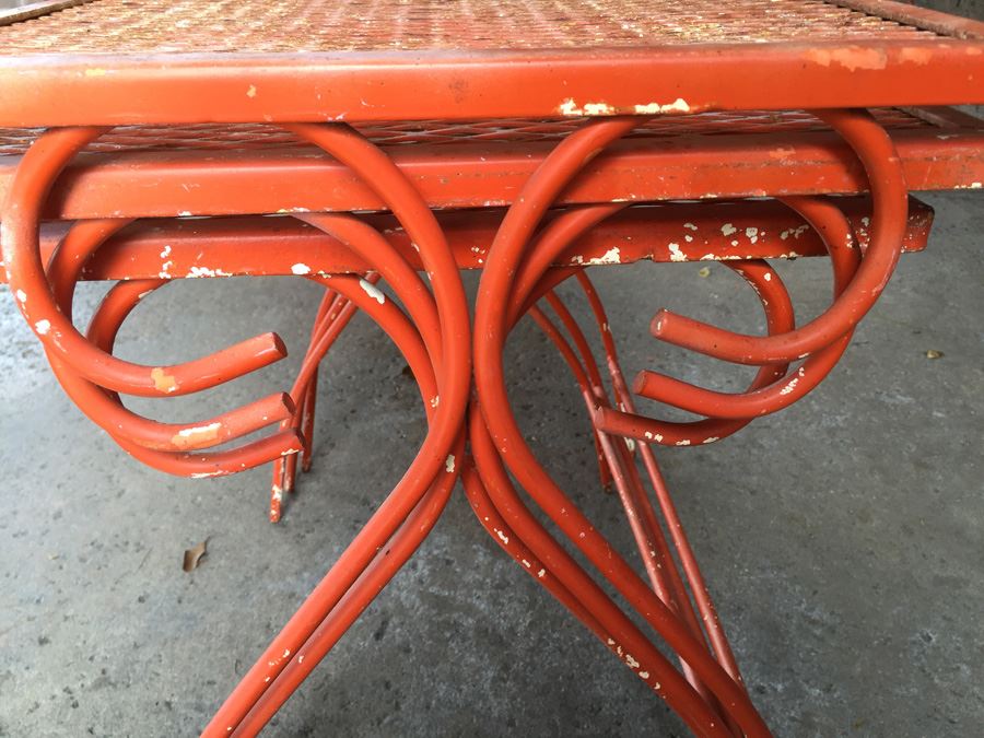 Vintage Orange Wrought Iron Outdoor Patio Chairs With Nesting Tables [Photo 12]