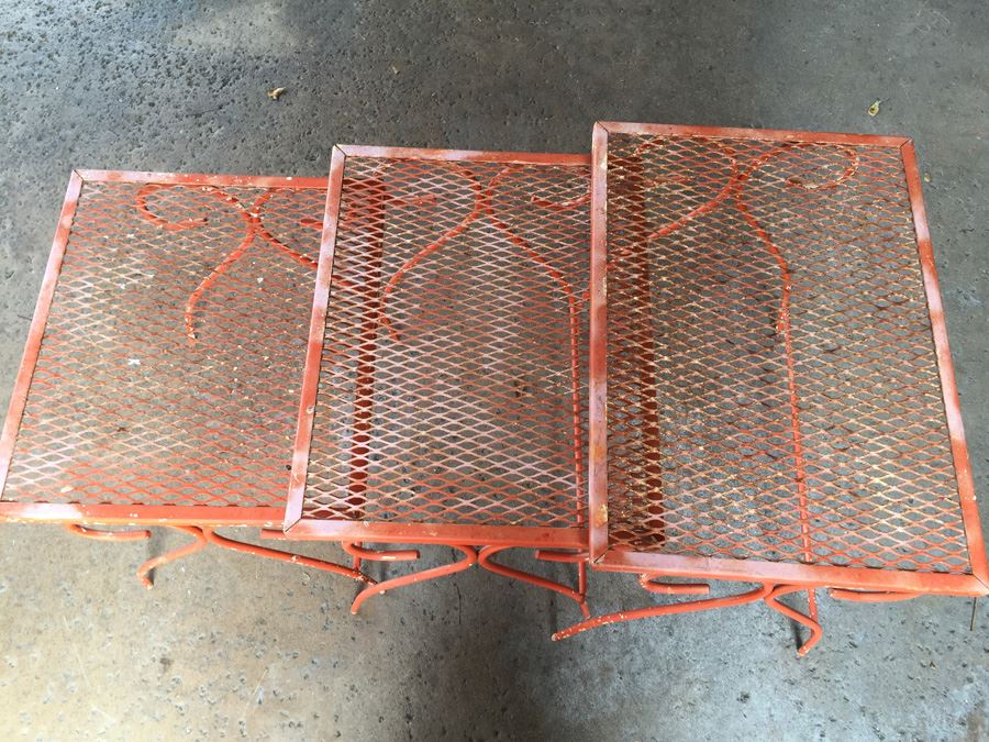 Vintage Orange Wrought Iron Outdoor Patio Chairs With Nesting Tables [Photo 11]