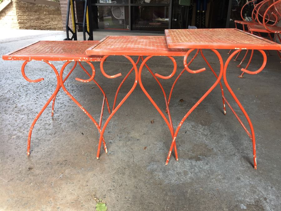 Vintage Orange Wrought Iron Outdoor Patio Chairs With Nesting Tables [Photo 9]