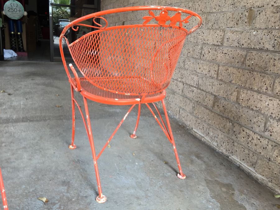 Vintage Orange Wrought Iron Outdoor Patio Chairs With Nesting Tables [Photo 14]