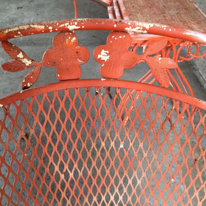 Vintage Orange Wrought Iron Outdoor Patio Chairs With Nesting Tables [Photo 7]