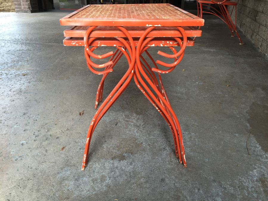 Vintage Orange Wrought Iron Outdoor Patio Chairs With Nesting Tables [Photo 3]
